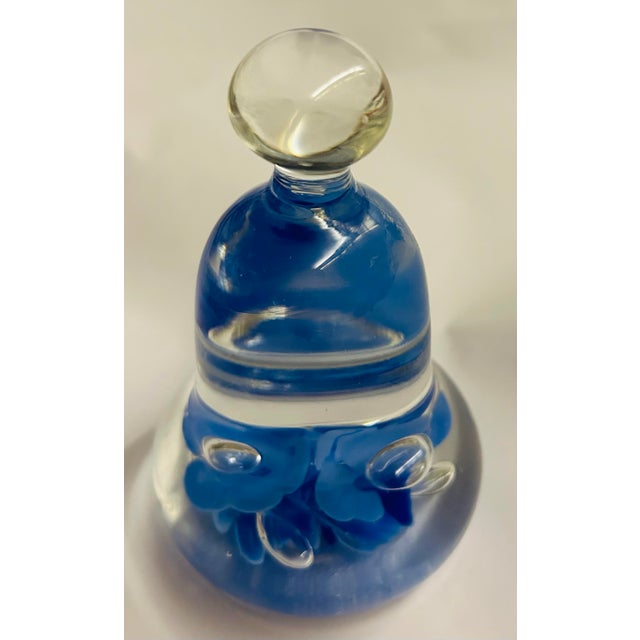 Joe St. Clair Art Glass Bell Shaped Paperweight Blue Flowers Light and Navy Blue For Sale - Image 11 of 11