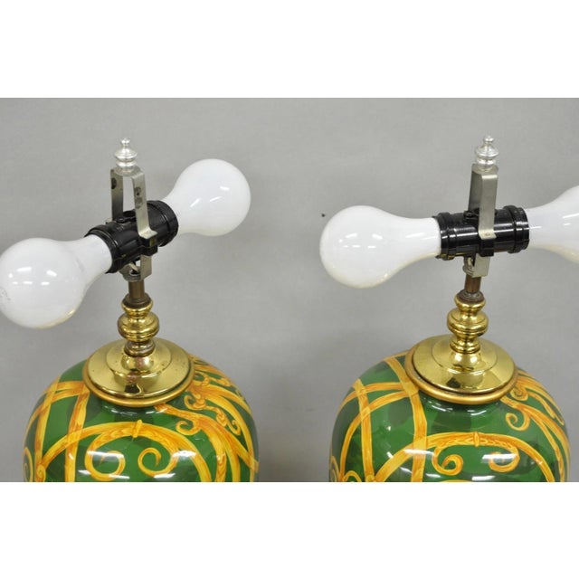 Late 20th Century Hollywood Regency Green & Gold Scroll Painted Ceramic Table Lamps - A Pair For Sale - Image 5 of 12