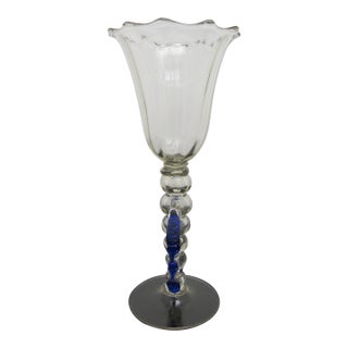 Venetian Hand Blown Art Glass Decorative Tipetto Wine Goblet With Blue Wings For Sale
