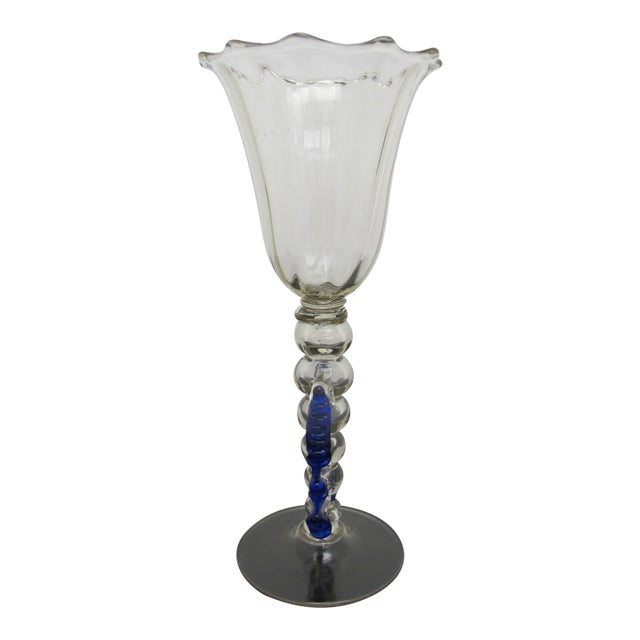 Venetian Hand Blown Art Glass Decorative Tipetto Wine Goblet With Blue Wings For Sale