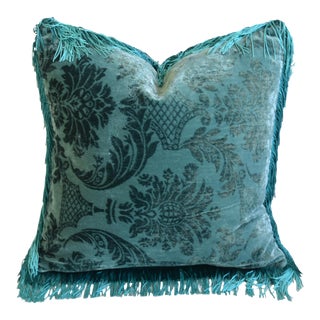 Green Floral Botanical French Silk Velvet Feather/Down Pillow W/ Fringe 19” Square For Sale