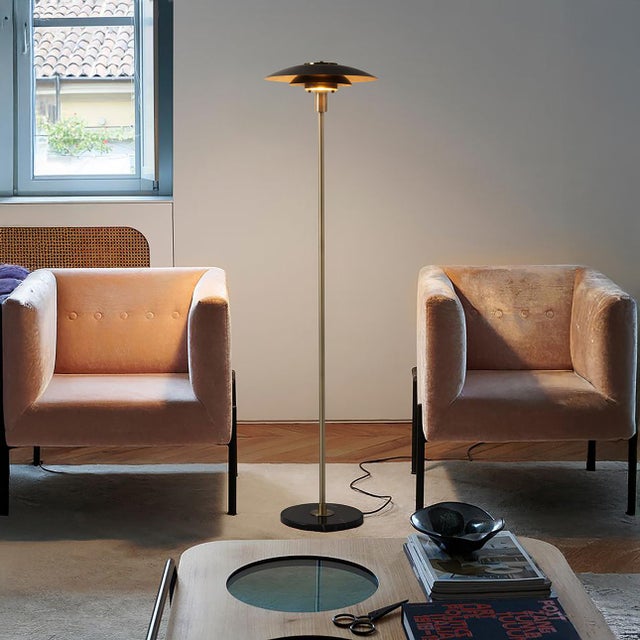 Rancho Mirage Floor Lamp - Matte Black & Gold-Leaf Shade, Weathered Brass, Black Marble Base, Dimmer For Sale - Image 4 of 12