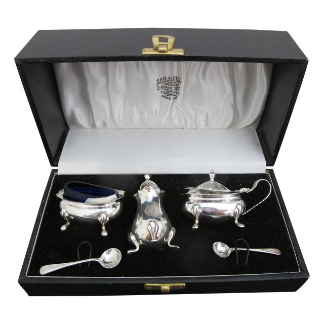 Jbc&s Sterling Silver Condiment Open Salt Pepper Shaker Mustard Pot Set in Case For Sale