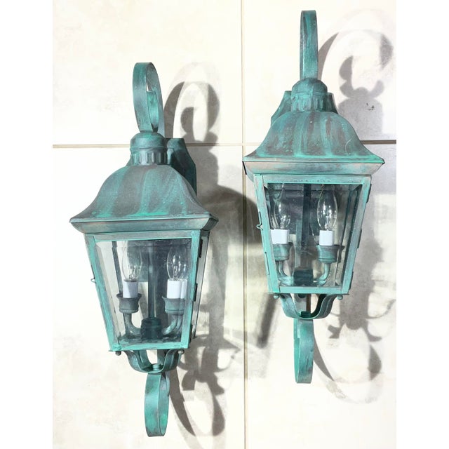 Pair of Vintage Solid Brass Outdoor Wall Lanterns - 22”h X 7”.5 W X 7”.5 D For Sale - Image 14 of 15
