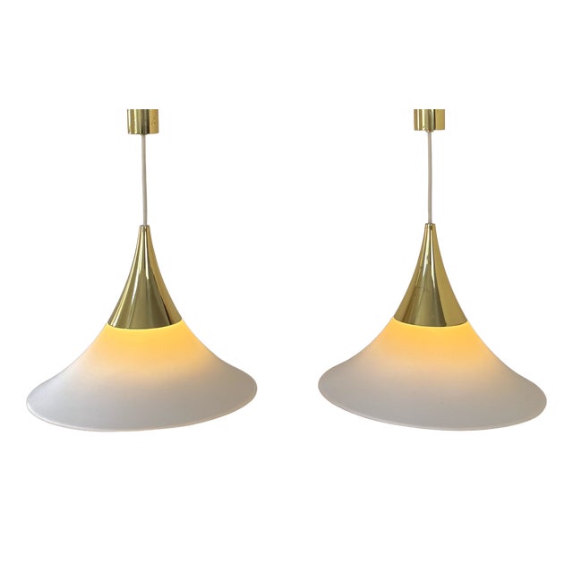 Pendant Lights in Brass and Opaline Glass from Limburg, Germany, 1970, Set of 2 For Sale
