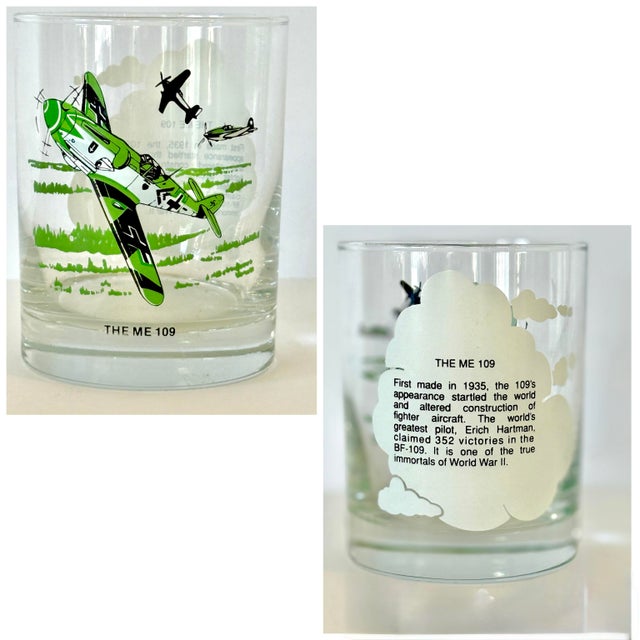 World War II Wwii Planes B-25, Spitfire, Me-109, Zero, B-17, Curtis P-40, Double Old Fashion Lowball Glasses Set of 6 Mid Century Modern For Sale - Image 14 of 14