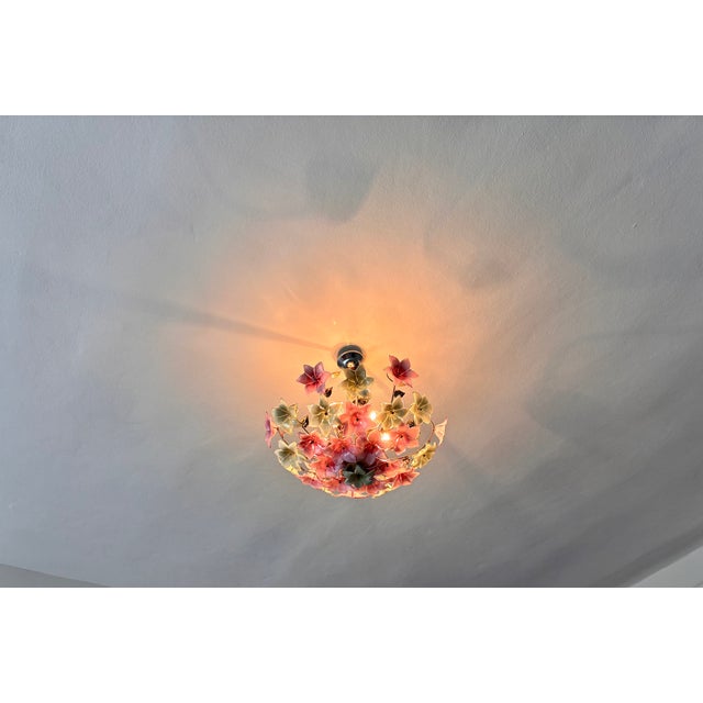 Vintage Italian Murano Style Botanical Flower Ceiling Light, Vintage Handblown Pink Green Glass Bouquet Chandelier, 5-Light Flush Mount For Sale - Image 13 of 17
