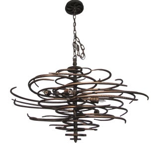 Brutalist Style Large Hand Worked Iron Chandelier Gears & Bronze Finish For Sale
