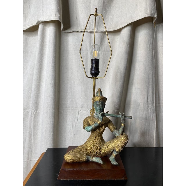 Vintage Asian James Mont Style Gilt Metal Asian Deity Lamp. For Sale - Image 10 of 10