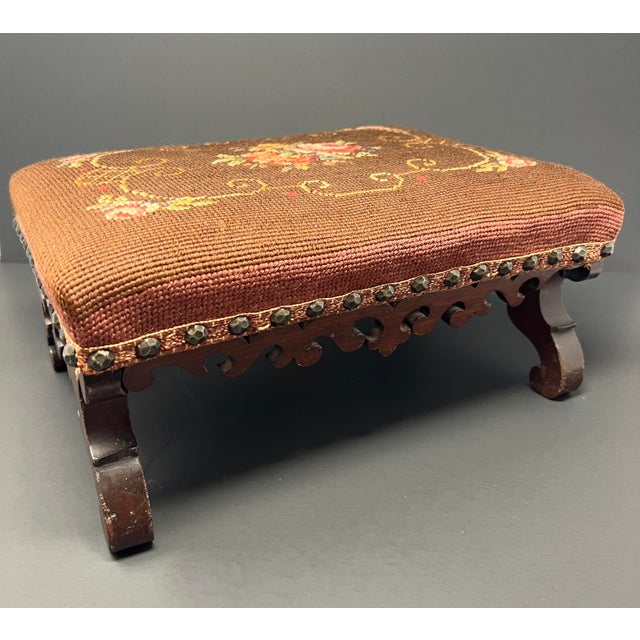 Victorian Antique Victorian Carved Walnut Needlepoint Footstool With Floral Embroidery For Sale - Image 3 of 8