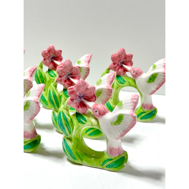 1970s Vintage Spring Hummingbird Napkin Rings – Hand Painted Ceramic Botanical Table Decor, Garden Party Table Setting – Set of 8 For Sale - Image 5 of 10