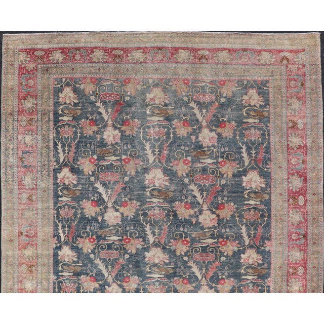 Antique Persian Tabriz Rug With Brid Design in Blue 8'8 X 12' For Sale - Image 4 of 16