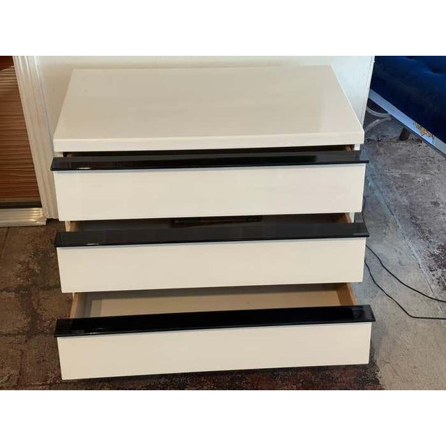 Modern White Lacquered Three-Drawer Dresser With Black Handles For Sale In Los Angeles - Image 6 of 8
