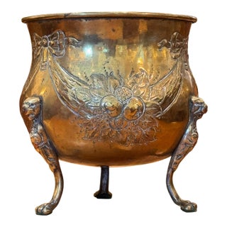 19th Century Small Footed Brass Planter With Bows and Fruit Motif For Sale
