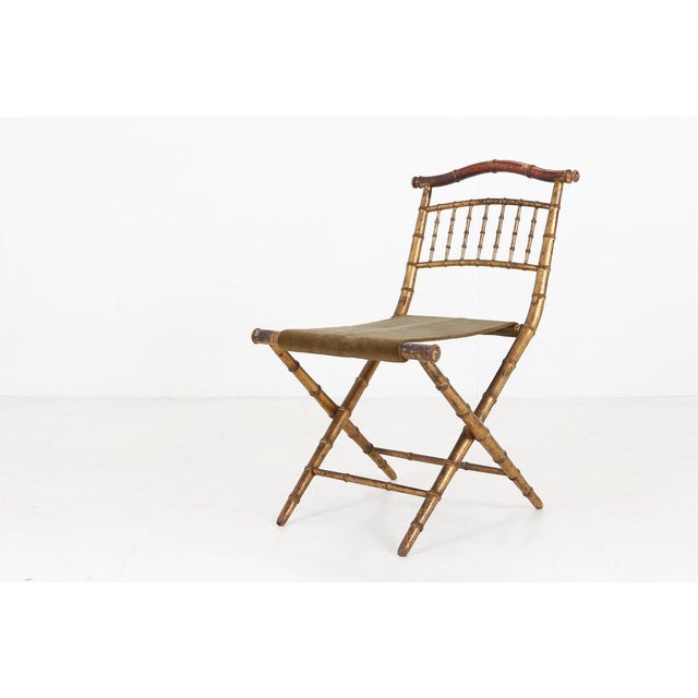 French Faux‑Bamboo Folding Chair in Gilded Wood and Green Fabric, 1850 For Sale - Image 11 of 11