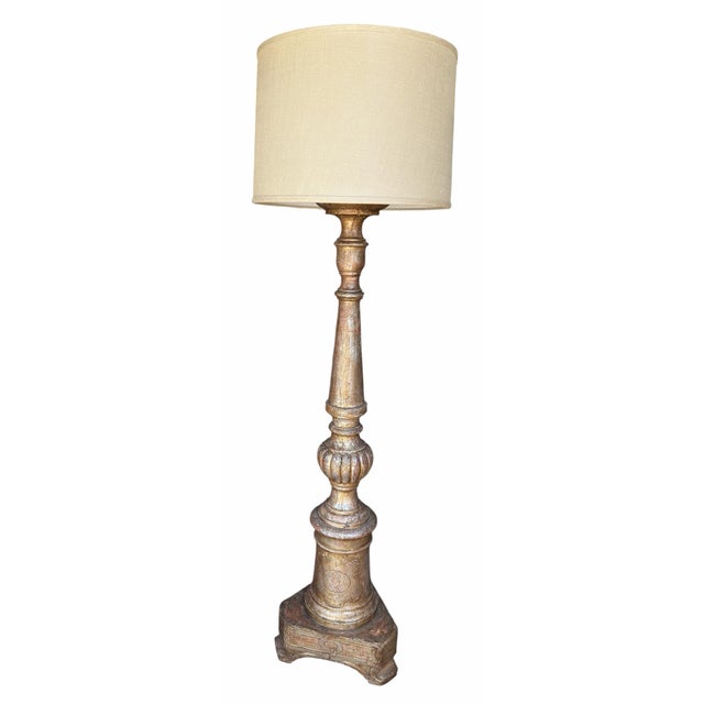 Antique White Gold Giltwood Floor Lamp W Custom Shade For Sale - Image 4 of 5