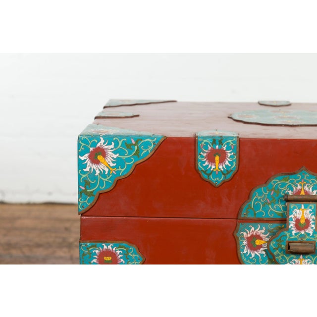 Chinese Vintage Blanket Chest with Red Lacquer and Cloisonné Floral Décor For Sale - Image 9 of 13