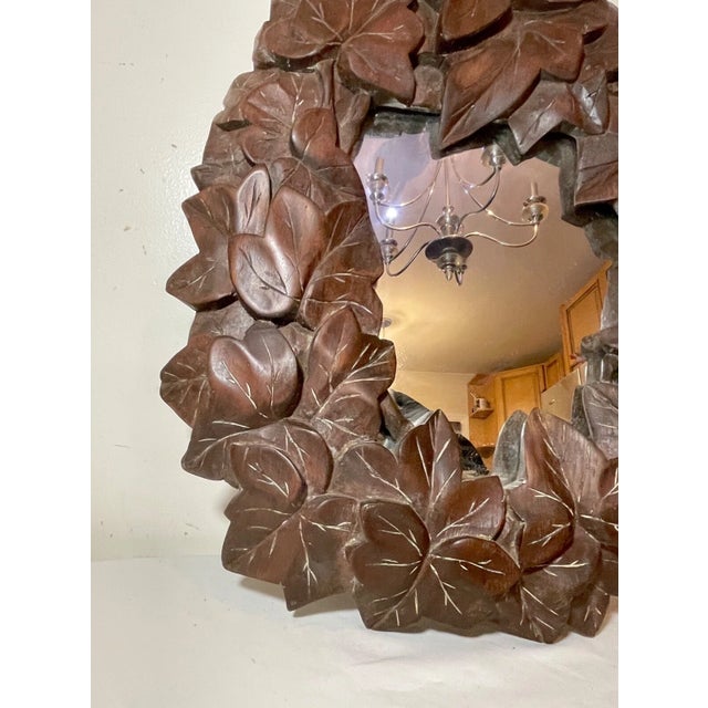 Antique Hand Carved Folk Art Wood Leaf & Vine Wall Mirror Sculpture Art Carving For Sale - Image 10 of 11