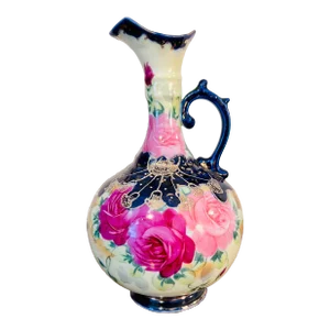 Vintage Early 20th Century Floral Hand Painted Pitcher, Porcelain in Blue/Gold