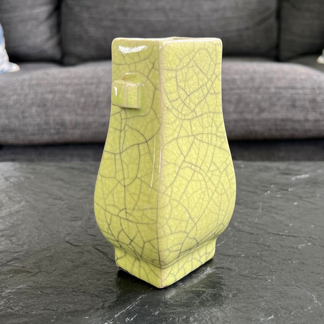 Celadon Early 20th Century, Chinese Ge-Kiln Square Neck, Hu-Shaped Vase or Brush Pot For Sale - Image 8 of 12