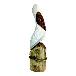 Vintage Coastal Folk Art Hand-Carved Pelican Sculpture From a Wooden Pier Post. For Sale