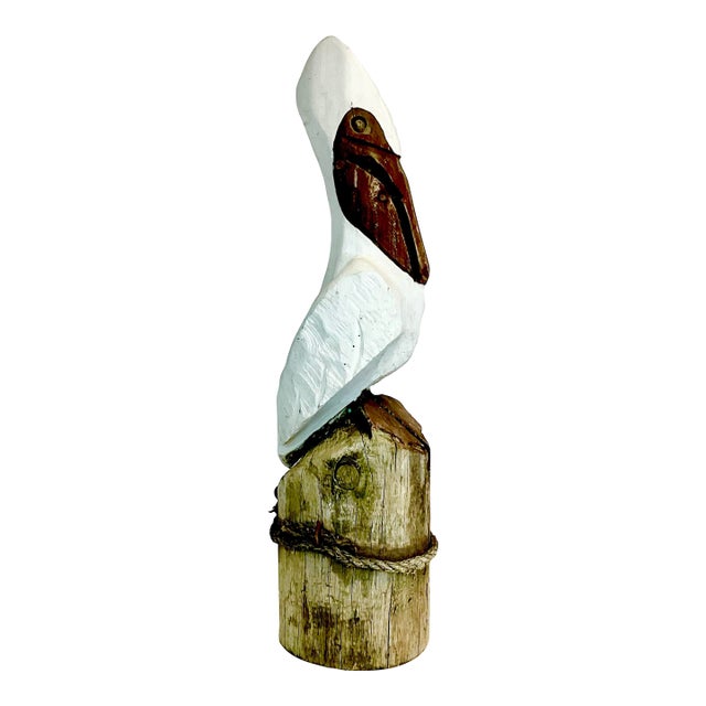 Vintage Coastal Folk Art Hand-Carved Pelican Sculpture From a Wooden Pier Post. For Sale