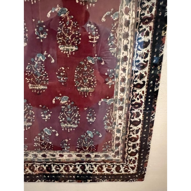 Traditional Vintage Hand‑Painted Yazd Silk Textile (1970s) — Professionally Framed on Linen, Maroon Ground For Sale - Image 3 of 3