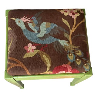 Circa 1950 “Antiqued” Hepplewhite-Style Chartreuse & Whimsical Peacock Upholstered Slip Seat Storage Bench For Sale