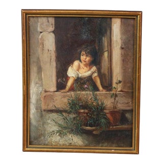Antique Oil on Board Painting of a Girl in a Window, Signed, C1900 For Sale