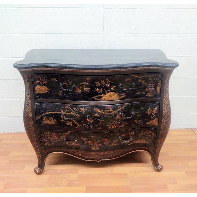 Textile Chelsea House Custom Chinoiserie Black Bombe Commode 3 Drawer Chest For Sale - Image 7 of 9