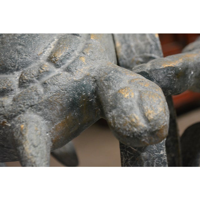 VTG Metal / 'Bronze' Aqua Patina Sea Turtles Ocean Round Glass Coffee Table For Sale - Image 14 of 18