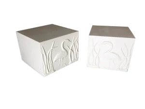 Large White Cube Pedestal Side Tables W/ Crane Relief, Pair 1980s