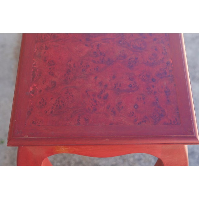 1970s Pair of Handcrafted Louis XV-Style End Tables in Mahogany With Elm Burl Tops For Sale - Image 5 of 16