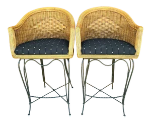 Braxton Culler Wicker & Wrought Iron Swivel Barstools - a Pair