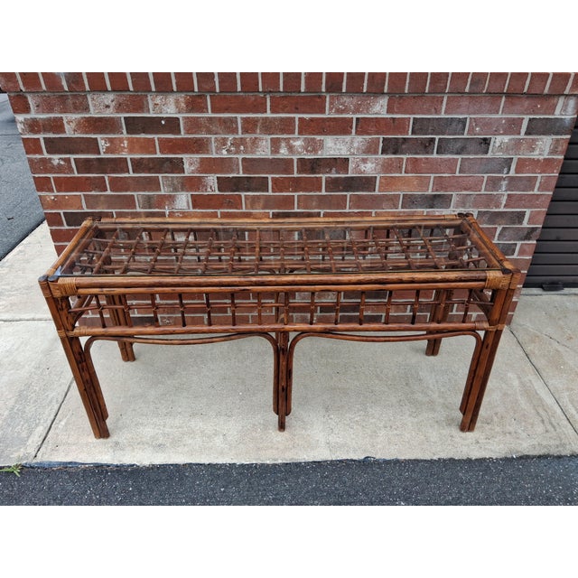 Large Mid Century Boho Chic Rattan Console Table With Glass Top. For Sale - Image 4 of 10