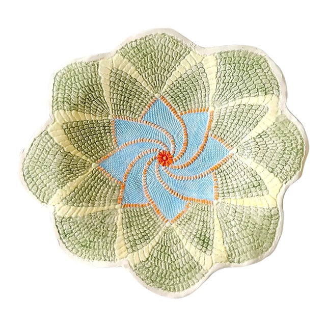 Vintage Studio Pottery Platter With Lace Snakeskin Impression Texture, Artisan Signed For Sale