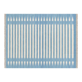 Handmade Cotton Flat Weave Area Rug, Sky Blue and White Striped Dhurrie - 10'x14' For Sale