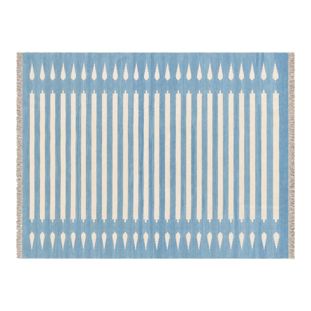 Handmade Cotton Flat Weave Area Rug, Sky Blue and White Striped Dhurrie - 10'x14' For Sale