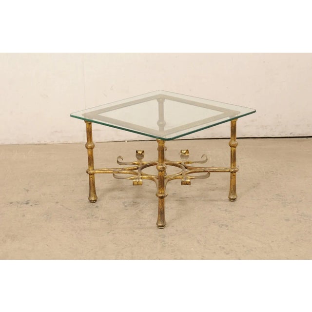Brass Mid 20th Century Spanish Accent Table, Square with Glass Top For Sale - Image 8 of 12