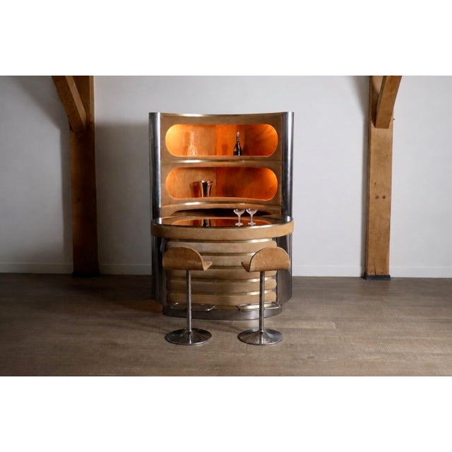 Incredible suede and chrome bar set with two bar stools, Italy, 1970s. with original mirror counter, working lights,...
