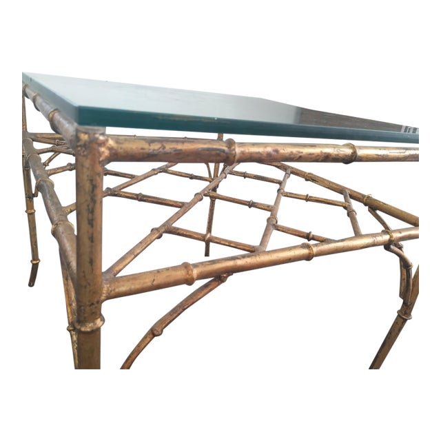 Hollywood Regency Faux Bamboo Gilt Iron Pair of 28" Side Tables For Sale