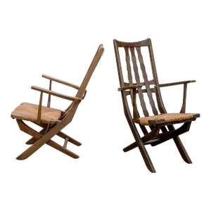 1950s Brutalist Slat Back Adjustable Armchairs- a Pair