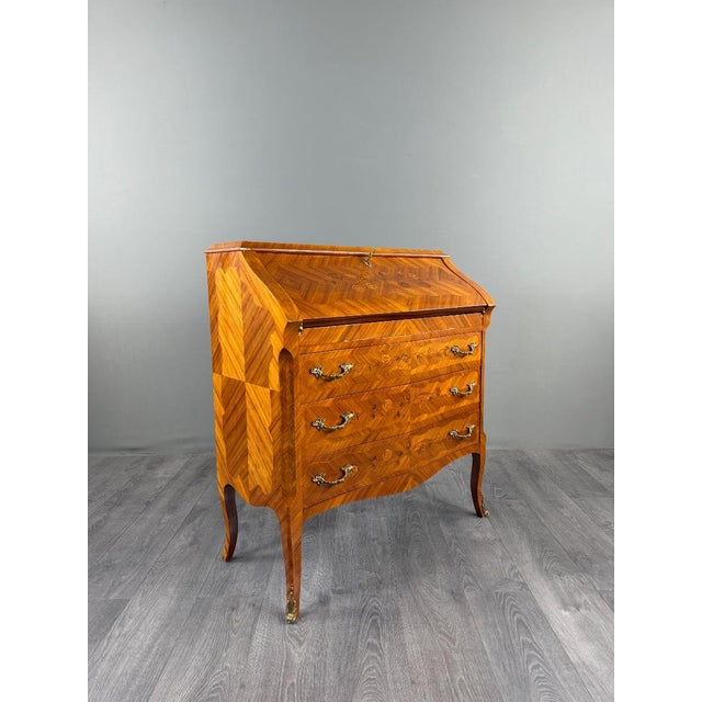 19th Century Louis XV Drop-Front Secretary Desk in Veneered and Inlaid Wood, 1890s For Sale - Image 10 of 13