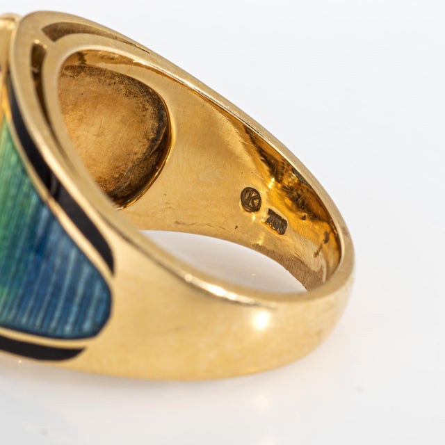 Metal Natural Opal Diamond Ring Enamel Vintage 18k Yellow Gold Wide Cigar Band Sz 7 For Sale - Image 7 of 7