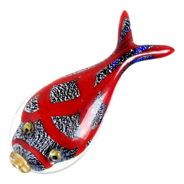 Vintage Murano Blue Red Gold Silver Flecks Italian Art Glass Fish Paperweight Figurine Sculpture For Sale