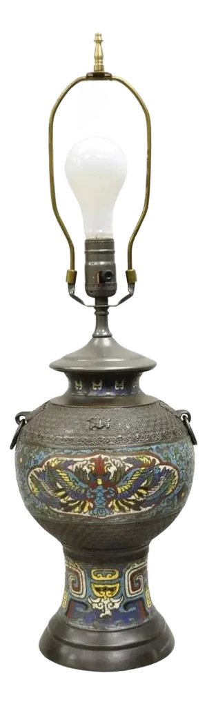 Antique Chinese Cloisonne Blue Porcelain Enamel Bronze Figural Table Lamp