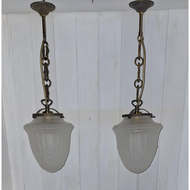 Antique Ceiling Lamps on Patinated Brass Mounts and Frosted, Teardrop-Shaped Glass Shades, 1900s, Set of 2, in Very Good...