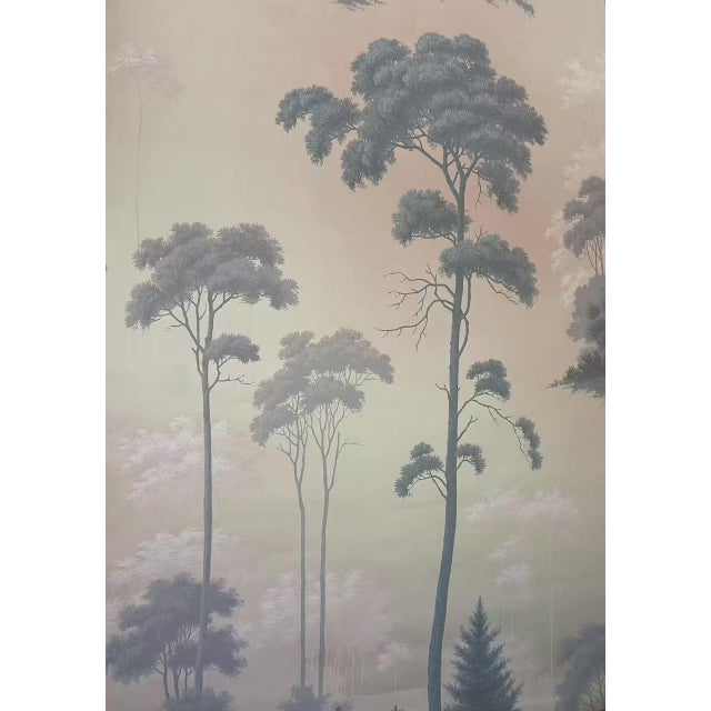 36" * H96" * 2ps, Hand-Painted Misty Pine Grove Mural Wallpaper, Dawn Haze Pine Tree Wall Mural For Sale - Image 4 of 5