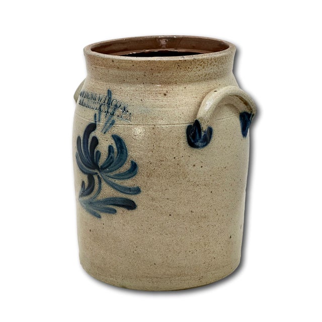 Small 1 Gallon Size Blue Decorated Antique American Stoneware Butter Churn Crock by Cowden & Wilcox Harrisburg Pennsylvania For Sale In Boston - Image 6 of 18