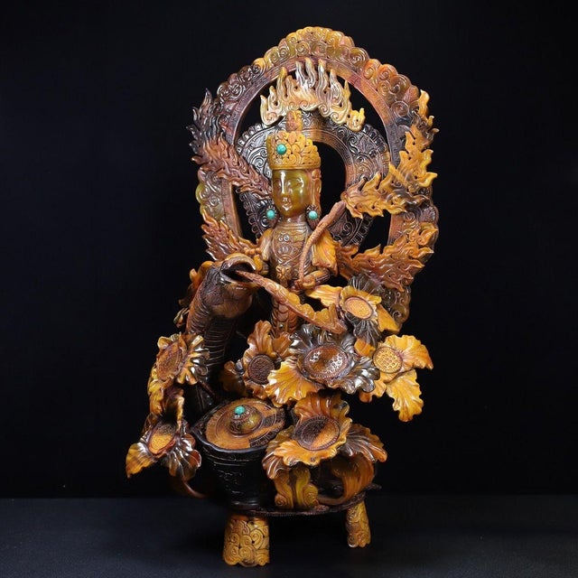 Traditional Late 19th Century Large Carved Faux Horn Bodhisattva on Dragon Sculpture For Sale - Image 3 of 10